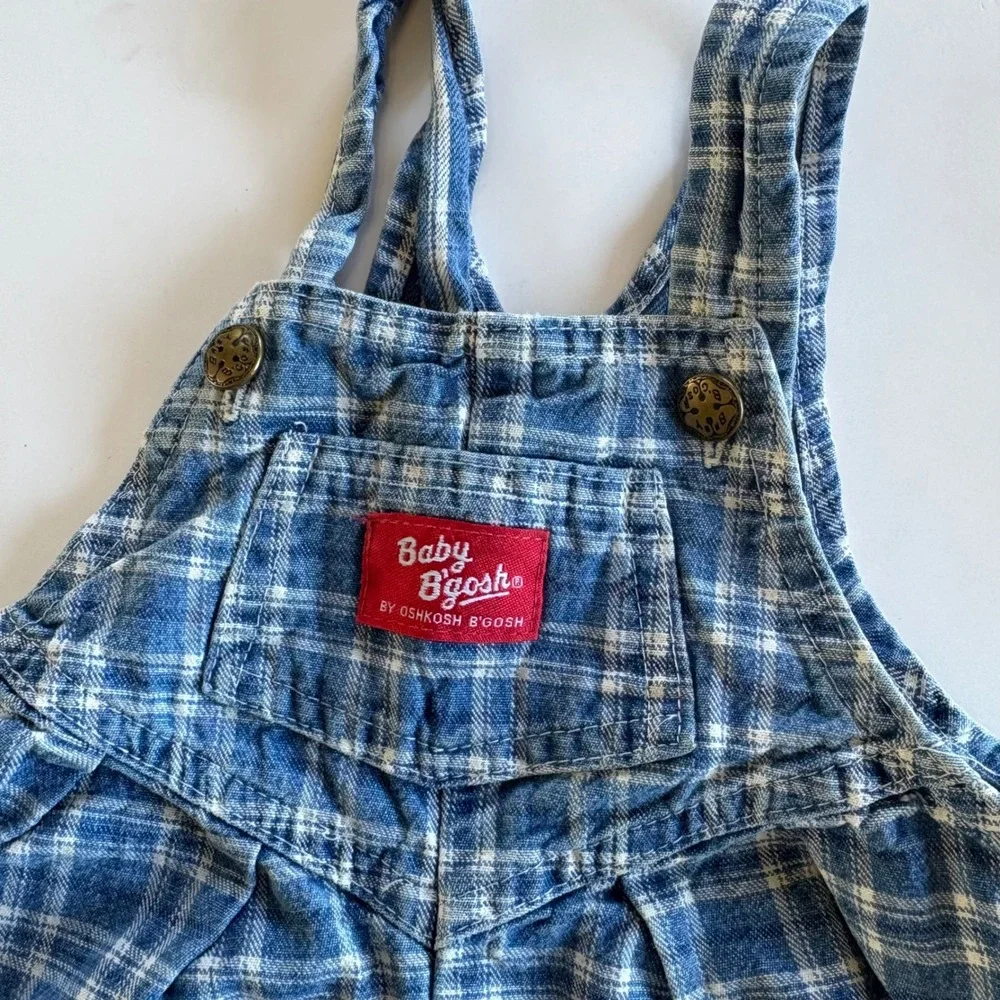 Vintage Baby OshKosh Bgosh Blue Plaid 100% Cotton Overalls 6-9M Paper Tag